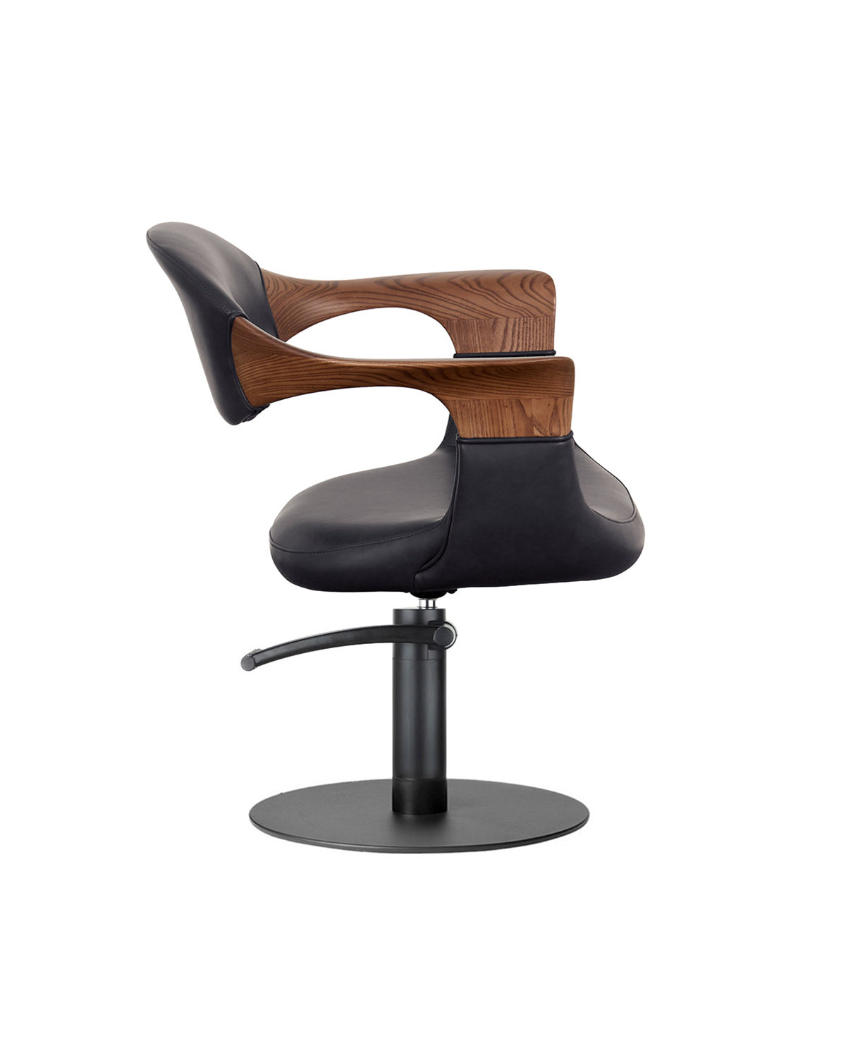 Oakley Midnight - Sillón de peluquería gris con base redonda negra y reposabrazos de roble